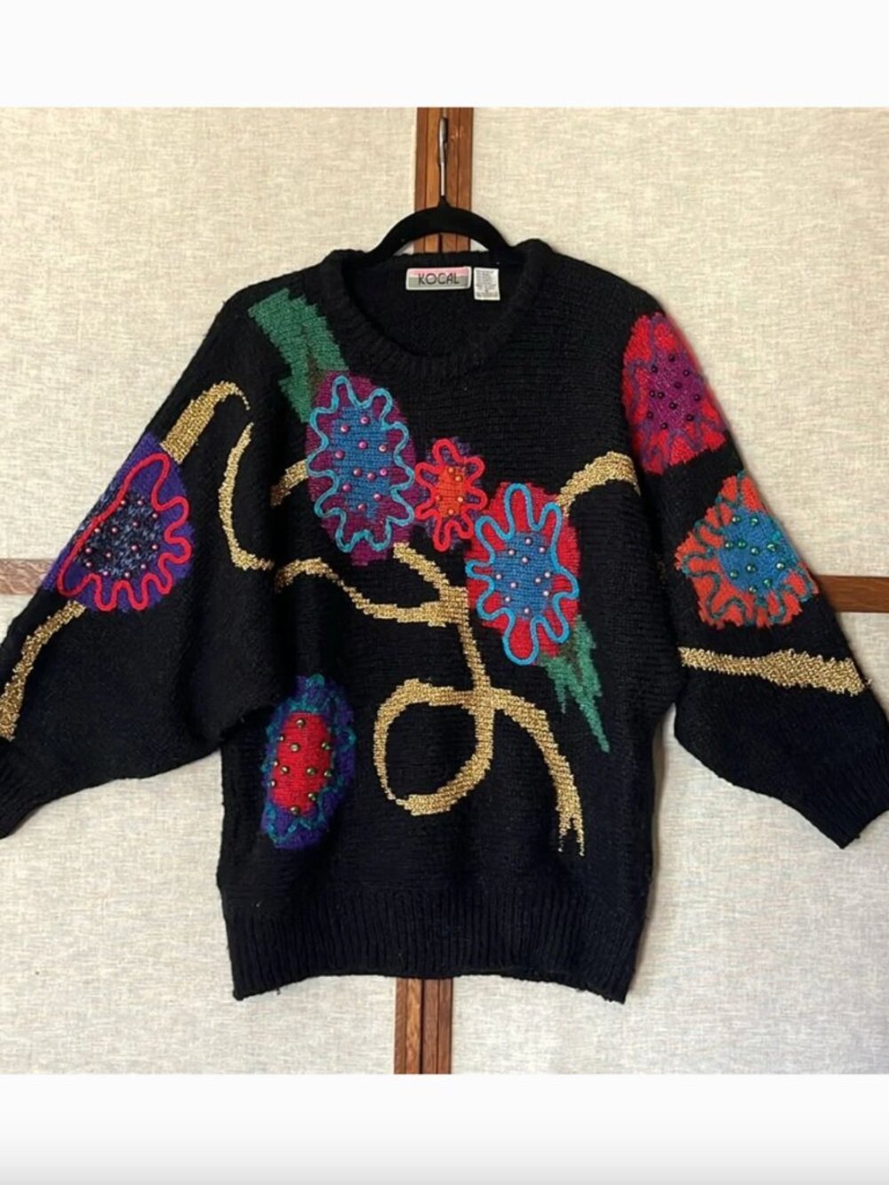 Vintage 80s Kocal Oversized Sweater Beaded Embroidered Floral Dolman Sleeve